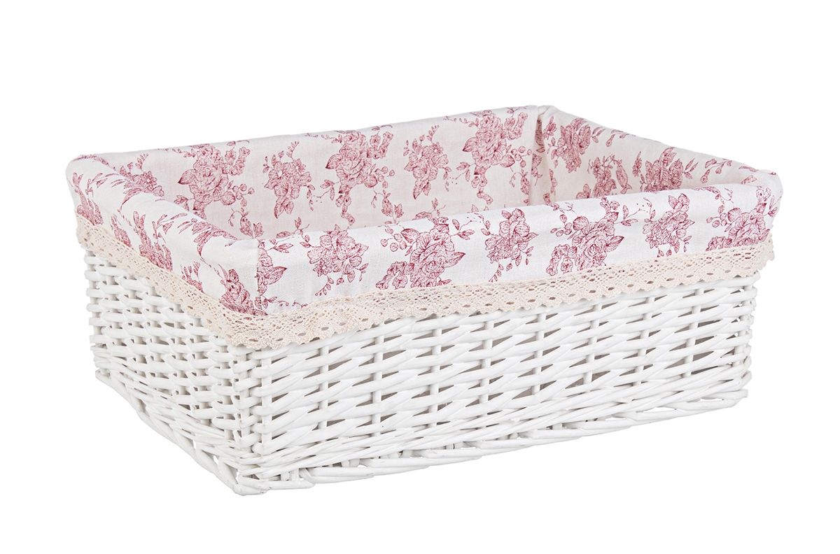 Cos decorativ rattan alb cu husa roz Cecilia 43 cm x 32 cm x 16 h